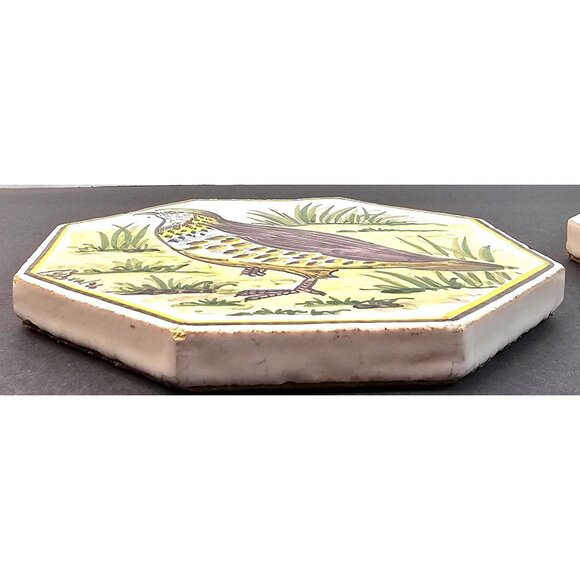 1996 Hand-Painted Ceramic Bird Set Of 2 Octagonal Cork Back Signed Art 6x6 - Picture 8 of 8